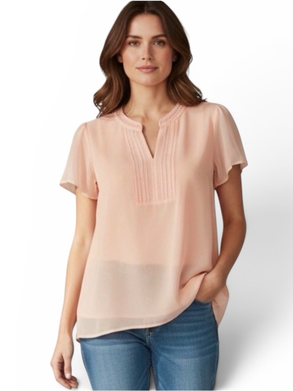 Talbots Peach Flutter Sleeve Women’s Lined Pin Tuck Blouse, size large